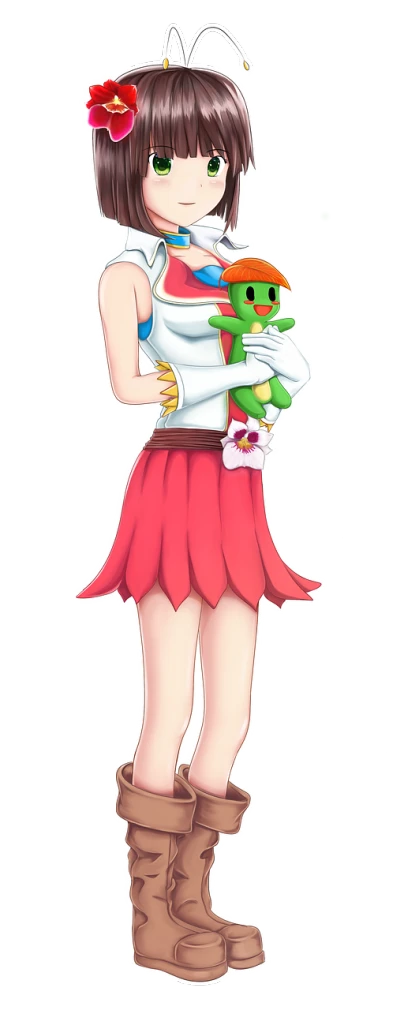 a girl in a red dress holding a plate of food, inspired by Tomioka Tessai, pixiv, sōsaku hanga, habs mascot youppi pokemon shiny, melting into lilligant, wearing a tanktop and skirt, cel-shaded:15