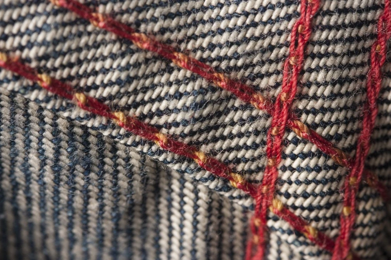 a close up of a piece of clothing, unsplash, sōsaku hanga, thin red lines, denim, tonal topstitching, highly detailed and colored