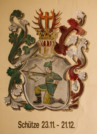 a picture of a coat of arms on a wall, a detailed painting, inspired by Hans Leu the Elder, flickr, green arms, archer, zdzisław, acton figure