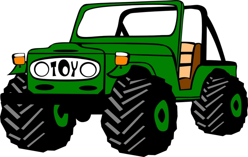 a green tractor with large tires on a black background, inspired by Masamitsu Ōta, sōsaku hanga, uploaded, jeep, cartoon image, full res