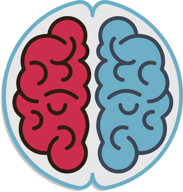 a picture of two halves of a brain, flat - color, badge, blue or red, intelligent design