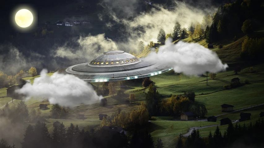 a flying saucer with smoke coming out of it, a matte painting, by Kurt Roesch, pixabay contest winner, farming, saturn, hexadome, abduction