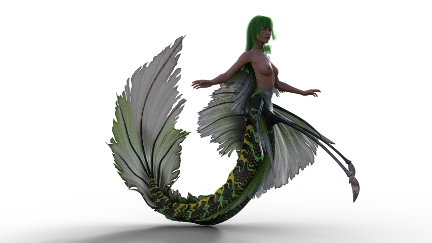 a woman with green hair is sitting on a mermaid tail, a 3D render, inspired by Sakai Hōitsu, zbrush central contest winner, hurufiyya, full view of seahorse, huge feathery wings, intertwined full body view, she is dancing. realistic