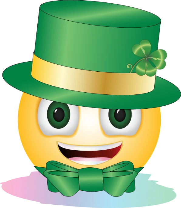 a smiley face wearing a green hat and bow tie, digital art, no gradients, gold black and rainbow colors, smooth oval shape face, irish genes