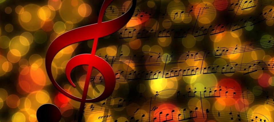 a red treble sitting on top of a sheet of music, digital art, nice background bokeh, gold and red metal, background bar, ribbon