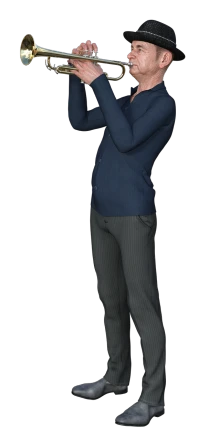 a man in a hat playing a trumpet, a 3D render, trending on polycount, upper body avatar, ingame image, casual pose, standing with a black background