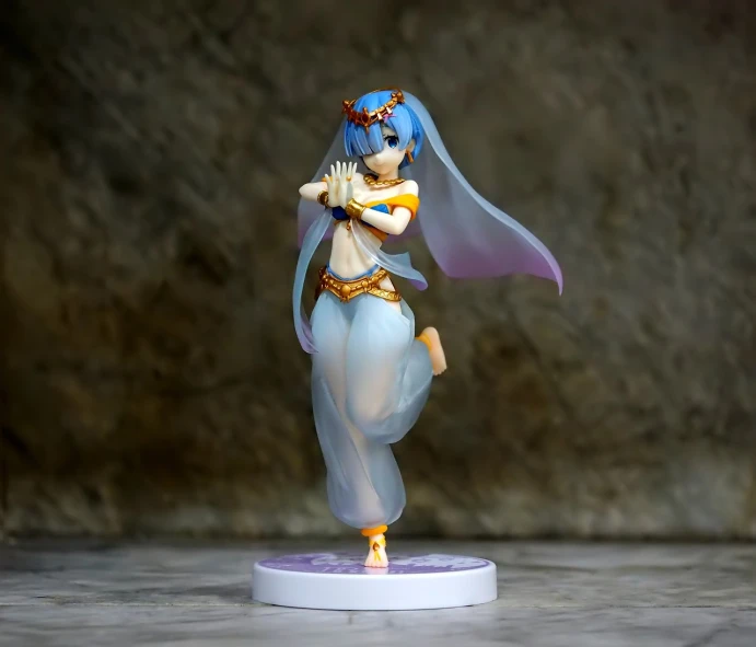 a close up of a figurine of a woman, a statue, inspired by Tawaraya Sōtatsu, polycount contest winner, arabesque, girl with blue hair, dynamic dancing pose, ; wide shot, hestia