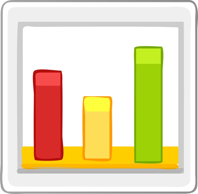 a bar chart with red, green, and yellow bars, game icon stylized, cartoon illustration, primary colors are white, frame