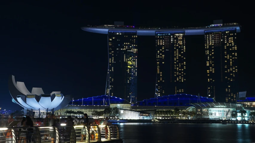 a group of people standing on top of a pier next to a body of water, inspired by Zha Shibiao, the singapore skyline, vertical wallpaper, scenic view at night, high quality photos