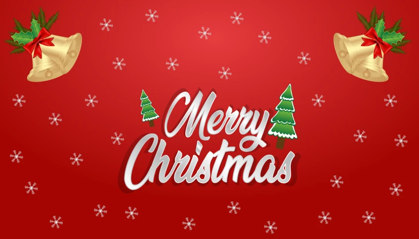 a merry christmas card with bells and snowflakes, shutterstock, graffiti, red background photorealistic, tree's, in style of 3d render, mid shot photo