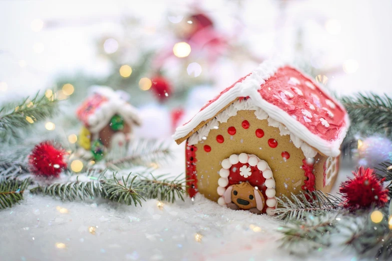 a ginger house sitting on top of a snow covered ground, a picture, decorated ornaments, cute dog, 3 4 5 3 1