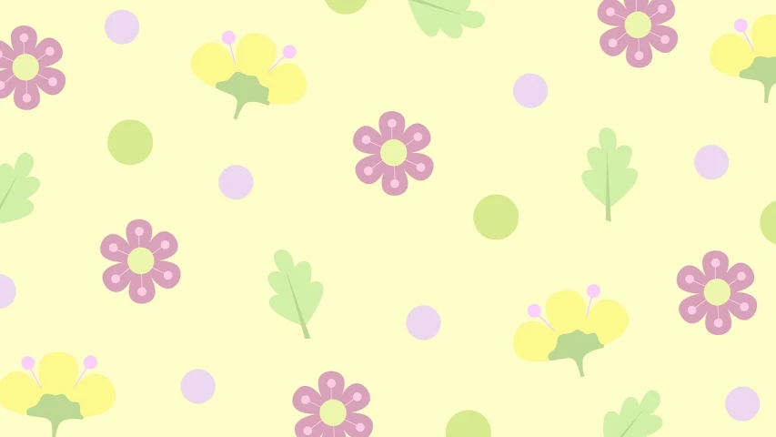 a pattern of flowers and leaves on a yellow background, a pastel, flickr, cutie mark, random background scene, smooth in _ the background, tileable