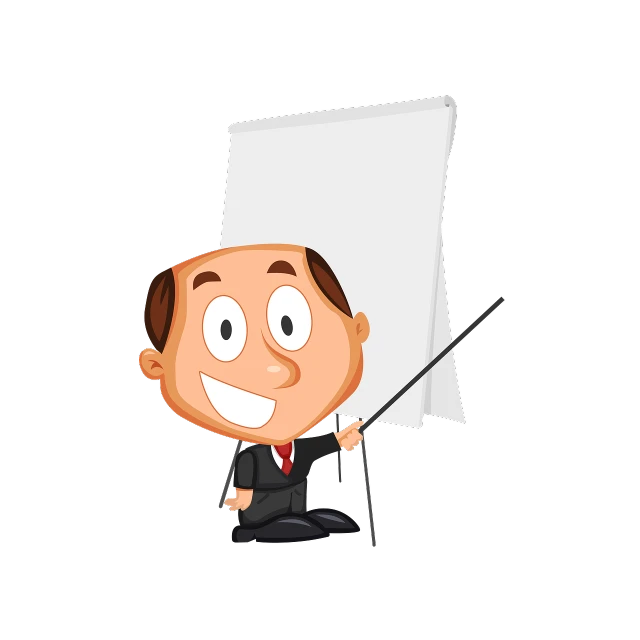 a cartoon man in a suit holding a sign, a cartoon, digital art, on black background, teaching, excellent composition, guide