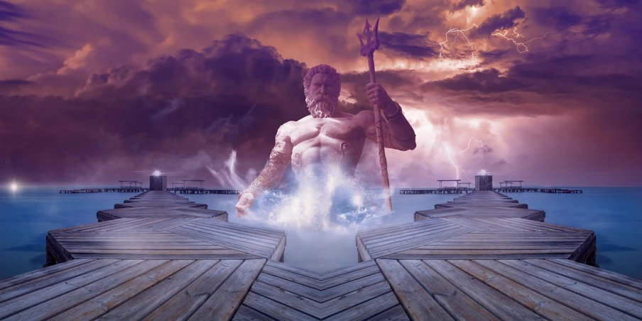 a man standing on top of a pier next to a body of water, digital art, inspired by Mike Winkelmann, pixabay contest winner, digital art, furious god zeus, symmetry!! portrait of hades, dark god sit on the tron, the god of thunder