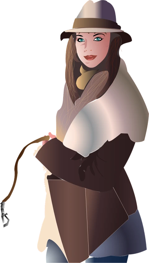 a woman in a hat holding a dog on a leash, a digital painting, inspired by Sakai Hōitsu, trending on pixabay, ( ( wearing a long coat ) ), haruhi suzumiya, rotoscoped, female dwarven woman