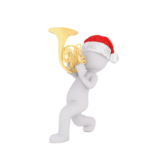 a person in a santa hat playing a french horn, figuration libre, 3 d model, official product photo, white horns, stock photo