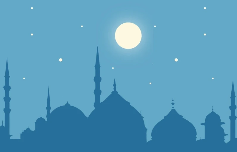 a silhouette of a mosque with a full moon in the sky, vector art, minimalism, roofs, cairo, blue hour stars, harem