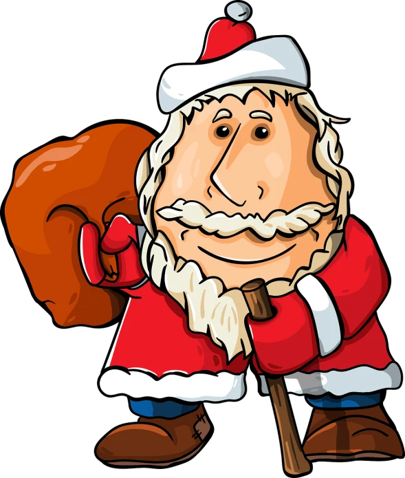 a cartoon santa claus carrying a sack of gifts, a digital rendering, by Harry Beckhoff, shutterstock, on a flat color black background, 2 0 1 0 photo, looking smug, farmer