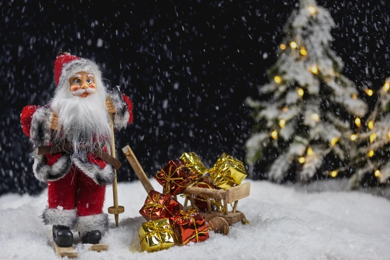 a santa claus figurine standing next to a sled full of presents, pexels, fine art, during snowfall, 8k!, hd wallpaper, masterpiece!!!!