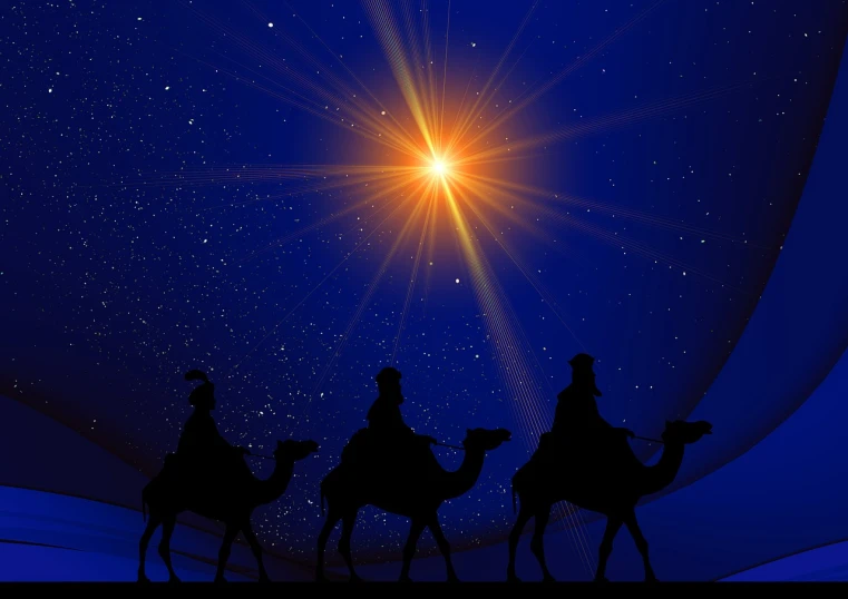 three people riding camels under a bright star, shutterstock, digital art, epiphany, with a blue background, [ realistic photo ]!!, joseph and joseph