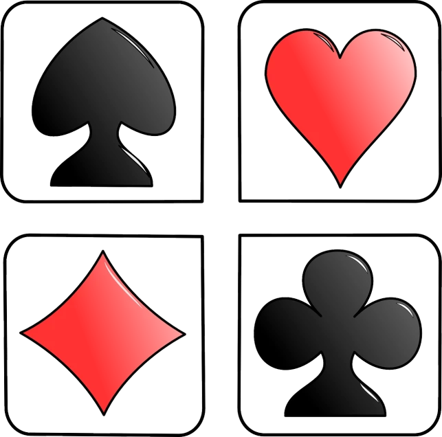 a set of four playing cards with hearts and spades, a picture, flickr, pop art, illustration black outlining, rounded shapes, simple and clean illustration, cutout