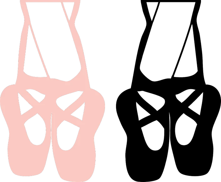 a pair of ballet shoes sitting next to each other, a digital rendering, inspired by Kōno Bairei, shutterstock, arabesque, outlined silhouettes, black backround. inkscape, pink scheme, straps