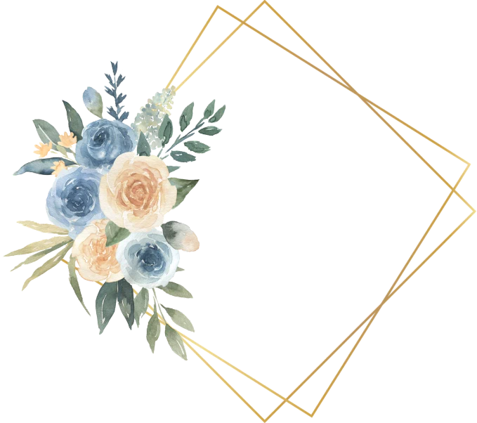 a flower arrangement with a gold frame on a black background, pixabay, cream and blue color scheme, watercolor illustration style, square shapes, 中 元 节