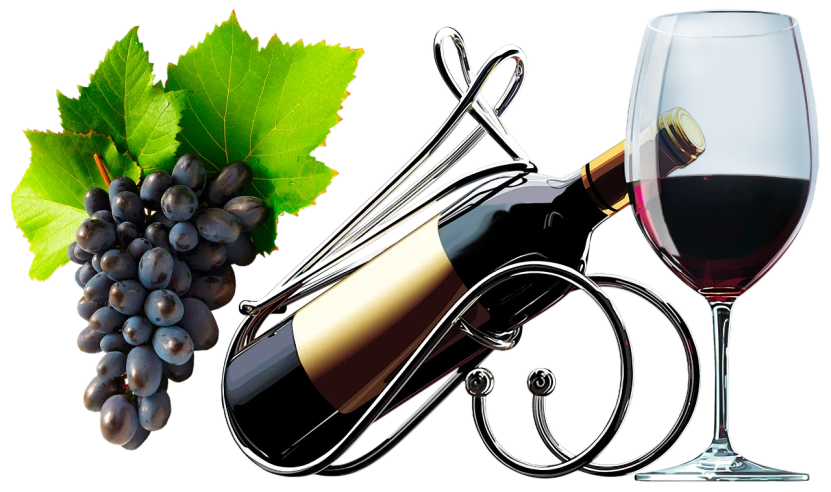 a glass of wine next to a bunch of grapes, a digital rendering, trending on pixabay, art nouveau, website banner, wine bottle, various items, on black background