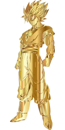 a golden vegeta standing in front of a black background, a statue, inspired by Tawaraya Sōtatsu, zbrush central contest winner, sōsaku hanga, wearing a toga and sandals, cel shaded vector art, wearing long gown, draped in shiny golden oil