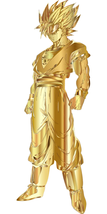 a golden vegeta standing in front of a black background, a statue, inspired by Tawaraya Sōtatsu, zbrush central contest winner, sōsaku hanga, wearing a toga and sandals, cel shaded vector art, wearing long gown, draped in shiny golden oil