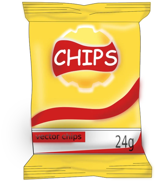 a bag of chips sitting on top of a table, vector art, inspired by Chippy, f 2 4, black and yellow and red scheme, shiny!!, bios chip