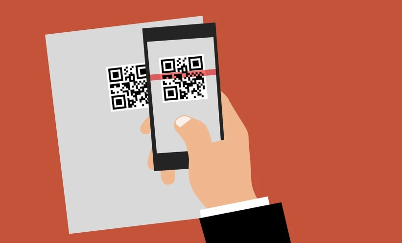 a person holding a phone with a qr code on it, an illustration of, sticker illustration, document photo, concept illustration, flat