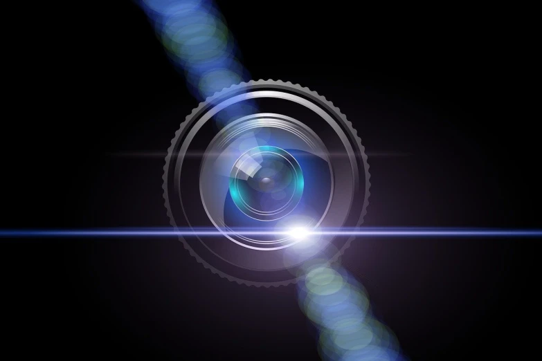 a close up of a camera lens on a black background, digital art, outline glow lens flare, sharp focus illustration, security camera photo