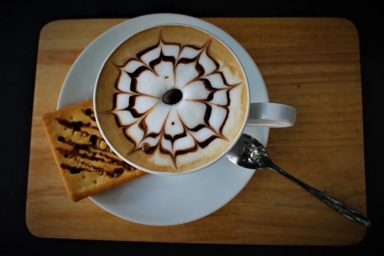 a white plate topped with a cup of coffee, by Bernardino Mei, photo taken of an epic intricate, milk, a wooden, beutiful