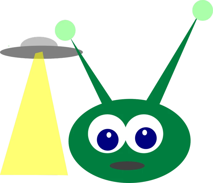 a green alien looking at a yellow light, pixabay contest winner, flying saucers, large antennae, light cone, bug