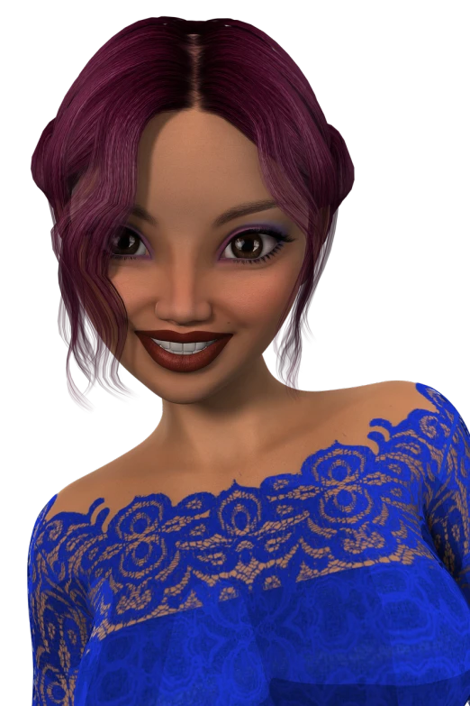 a close up of a woman wearing a blue dress, a 3D render, inspired by Daphne Allen, light skinned african young girl, dramatic smile pose, purple skin color, fully colored