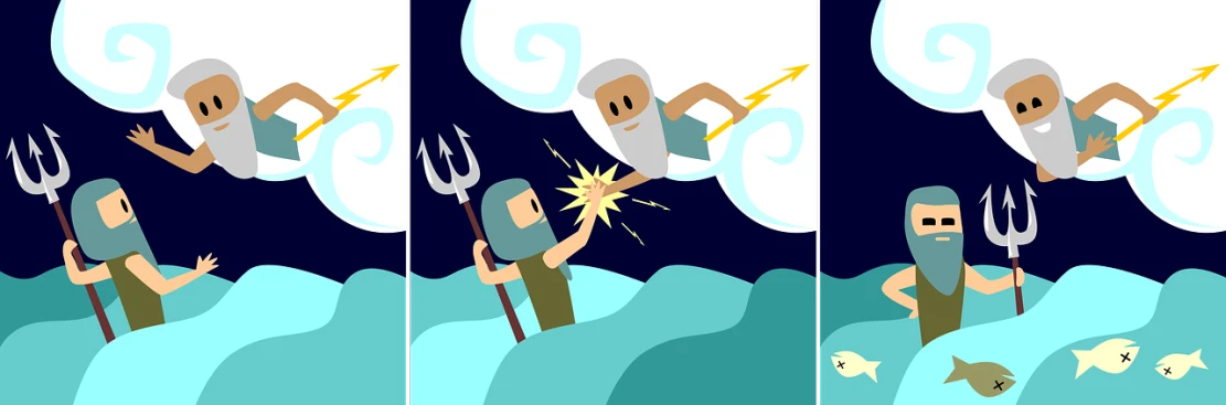 a man that is standing in the water with a pitchfork, vector art, shutterstock, standing on neptune, fighting each other, biblical art style, scott adams