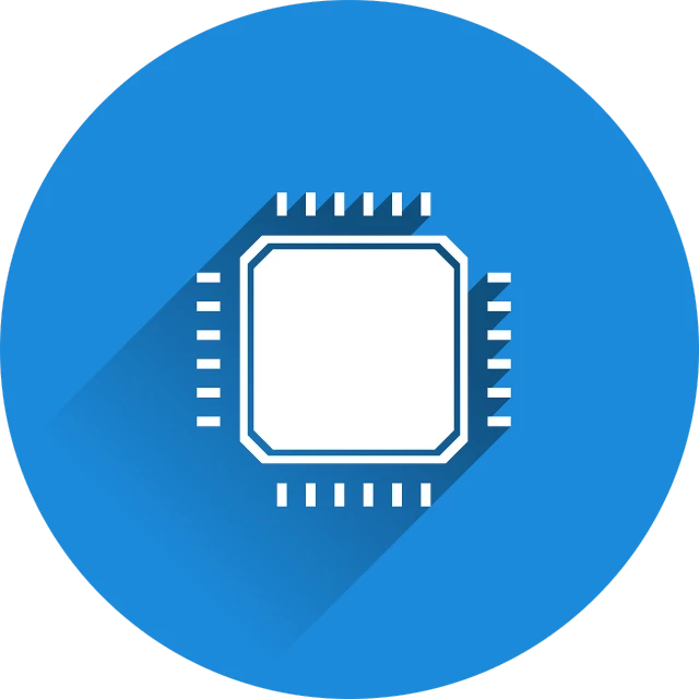 a computer chip with a long shadow on a blue circle, pixabay, icon for an ai app, flat graphic design, assembled, beautiful masterpiece