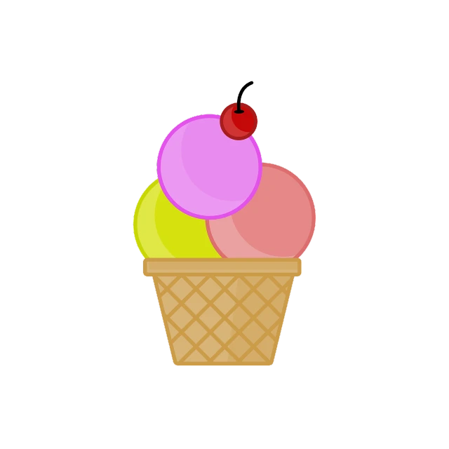 an ice cream cone with a cherry on top, by Aleksander Kotsis, black backround. inkscape, with colorfull jellybeans organs, fruits in a basket, without text