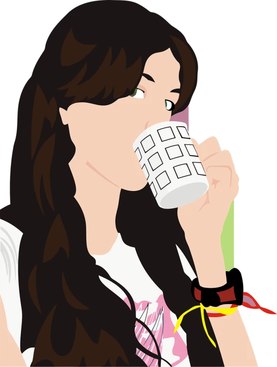 a woman is drinking a cup of coffee, vector art, inspired by Alex Katz, tumblr, pop art, kurisu makise steins gate anime, medium closeup shot, wikihow illustration, high detail illustration