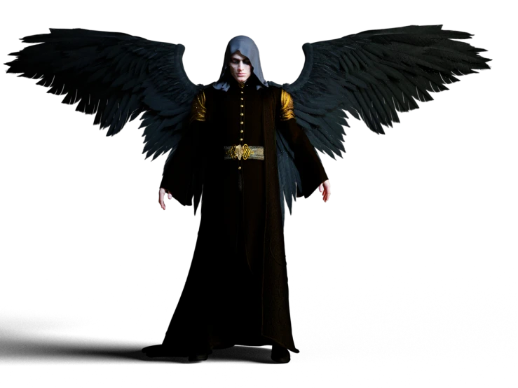 an image of an angel in the dark, a 3D render, inspired by Sigurd Swane, dressed in dark garment, son of sparda, the tall man from phantasm, an evil nun