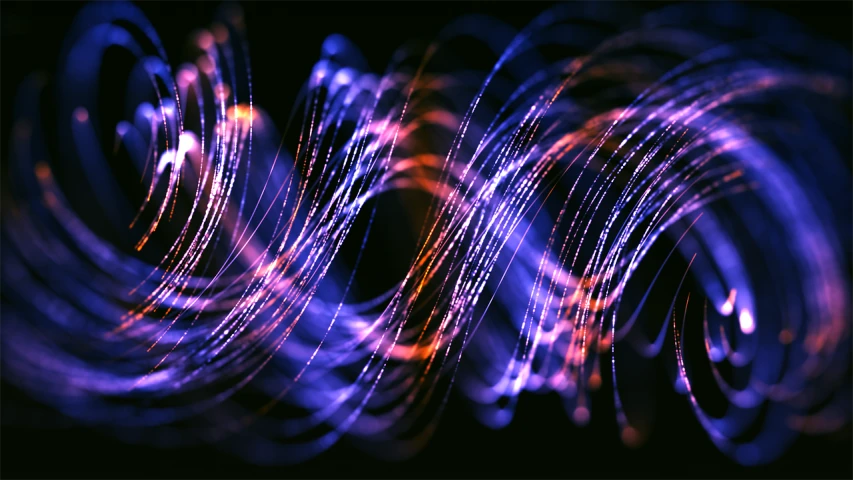 a close up of blurry lights on a black background, digital art, by Julian Allen, curved lines, orange and purple electricity, blue particles, istock