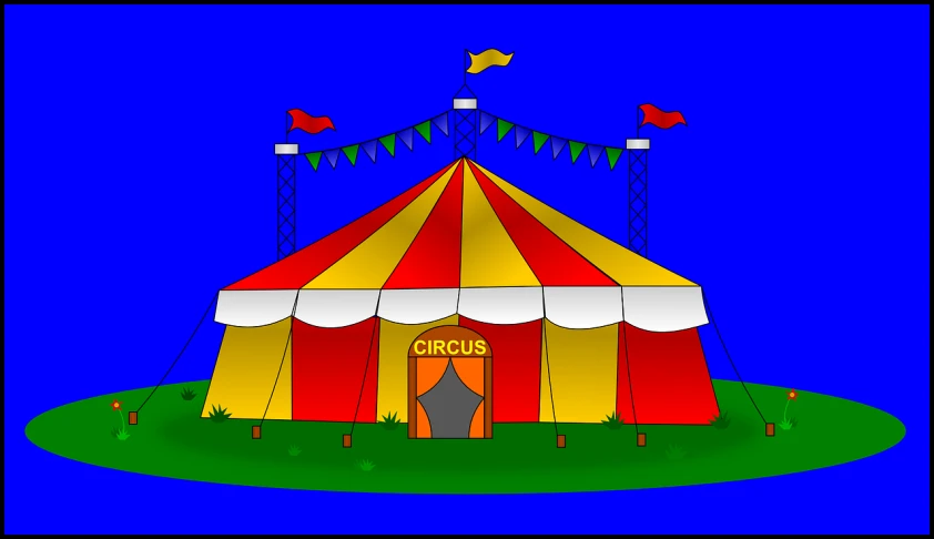 a circus tent sitting on top of a lush green field, a cartoon, inspired by The Family Circus, renaissance, from wikipedia, watch photo, clip-art, red - yellow - blue building