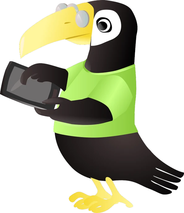 a black and green bird holding a tablet computer, an illustration of, inspired by Charles Bird King, figuration libre, toucan, wikihow illustration, explorer, he is holding a smartphone