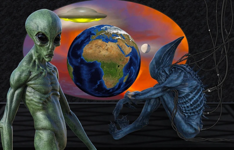 a couple of aliens standing next to each other, digital art, by Jon Coffelt, afrofuturism, earth on the window, very very well detailed image, reaching out to each other, ufo landing