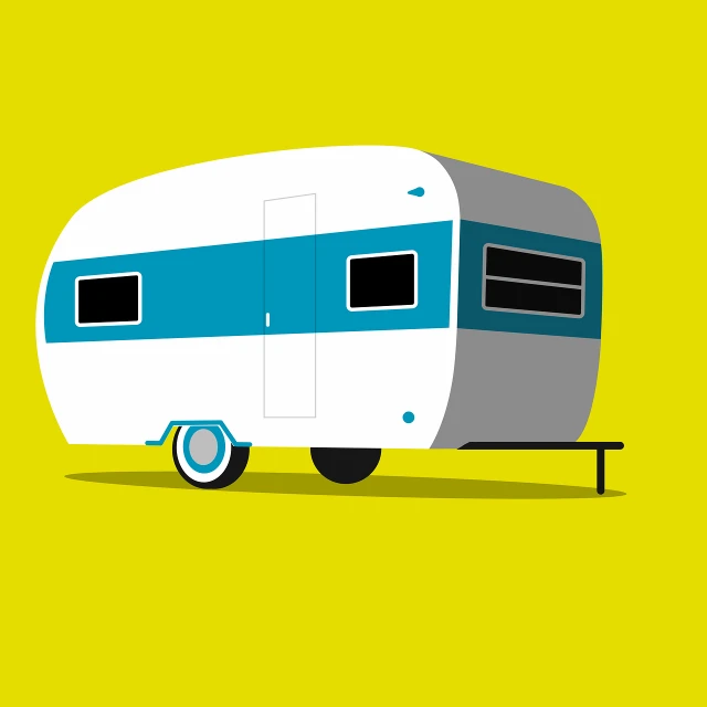 a white and blue trailer on a yellow background, vector art, pop art, joan cornella, on a flat color black background, the trappings of modern life, analogue