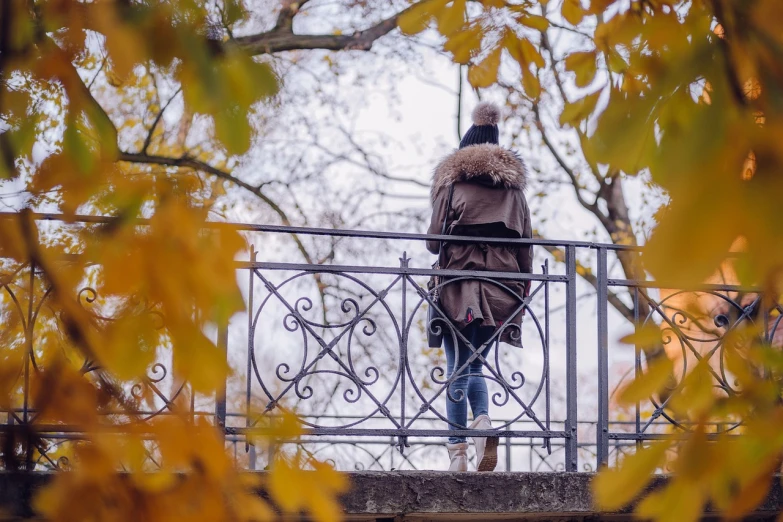 a person that is standing on a bridge, by Maksimilijan Vanka, pexels, autumn foliage in the foreground, woman is in a trenchcoat, 😭 🤮 💕 🎀, view from back