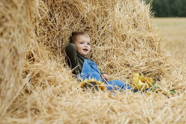 a little boy laying on top of a pile of hay, a picture, shutterstock, high quality product image”, in the autumn, close - up photo, sitting relax and happy