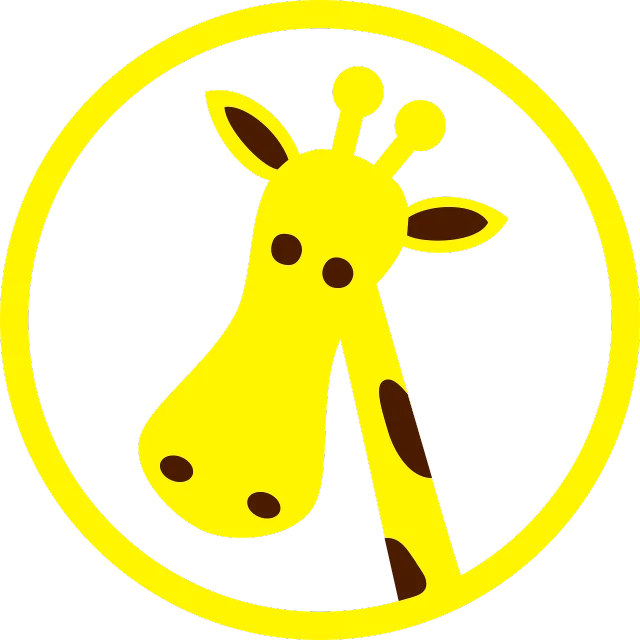 a giraffe in a yellow circle on a black background, a cartoon, by Leo Goetz, pixabay, toyism, sahara comics logo, toddler, chocolate, in the zoo exhibit