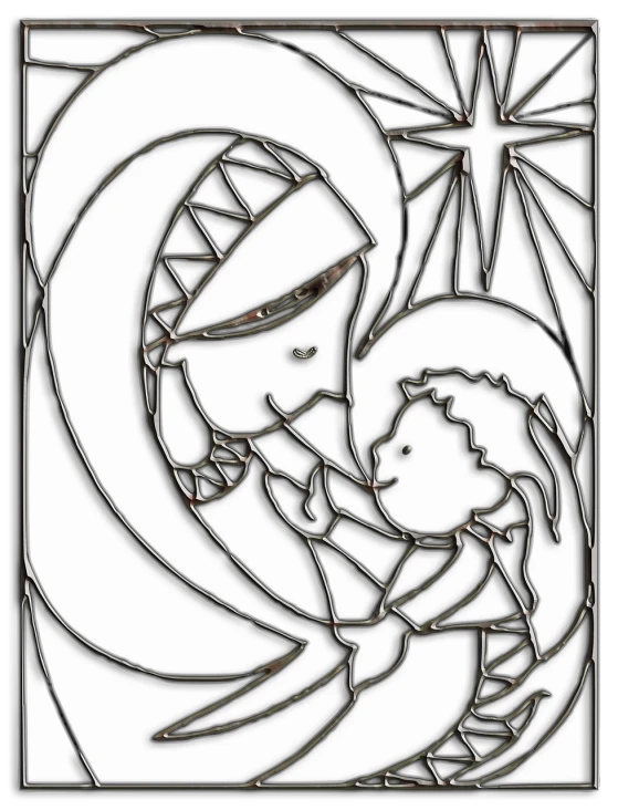 a drawing of a person holding a child, lineart, inspired by Bjørn Wiinblad, art deco, on a stained glass window, christmas, made out of shiny white metal, cad